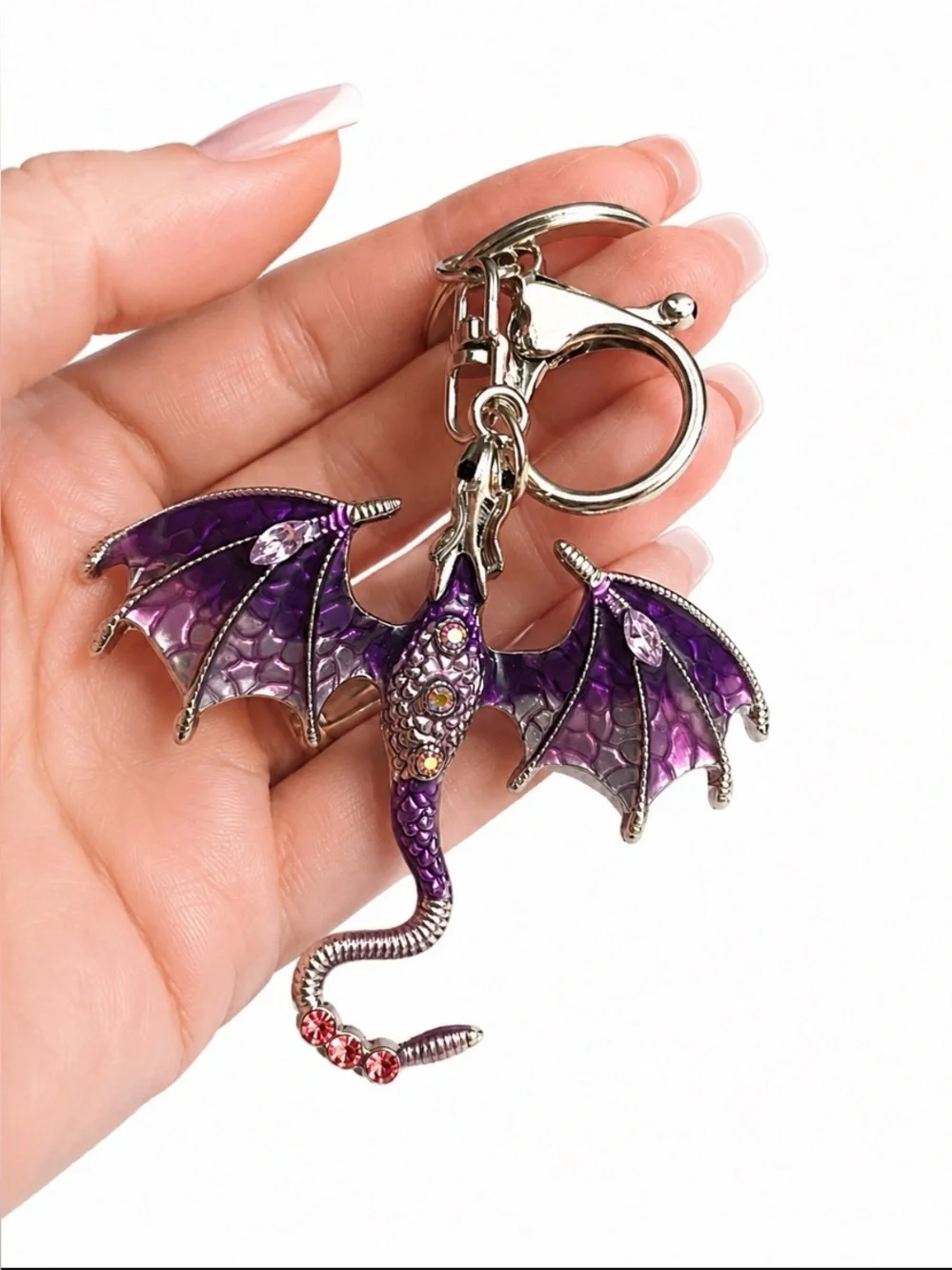 Dragon Bag Charm Keychain with Key Ring for Purse Handbag Purple Rhinestone New